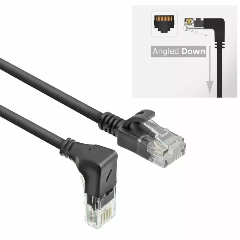 ACT Must 0,5 m U/UTP CAT6A LSZH õhuke ühenduskaabel RJ45 pistikutega, 90° alla nurga all sirgele