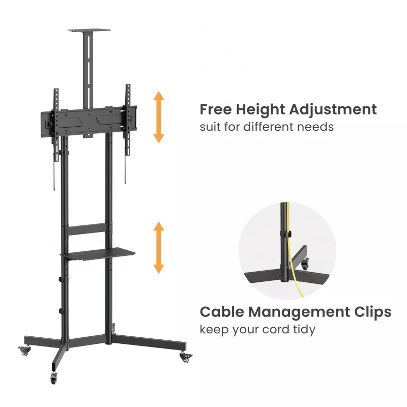 TV-käru EQUIP 37 tolli – 70 tolli Economy 37–70-tollistele ekraanidele, 70 kg kandevõime, VESA 100x100–600x400, kõrgus 1337–1430 mm, kalle -10°–5°, must