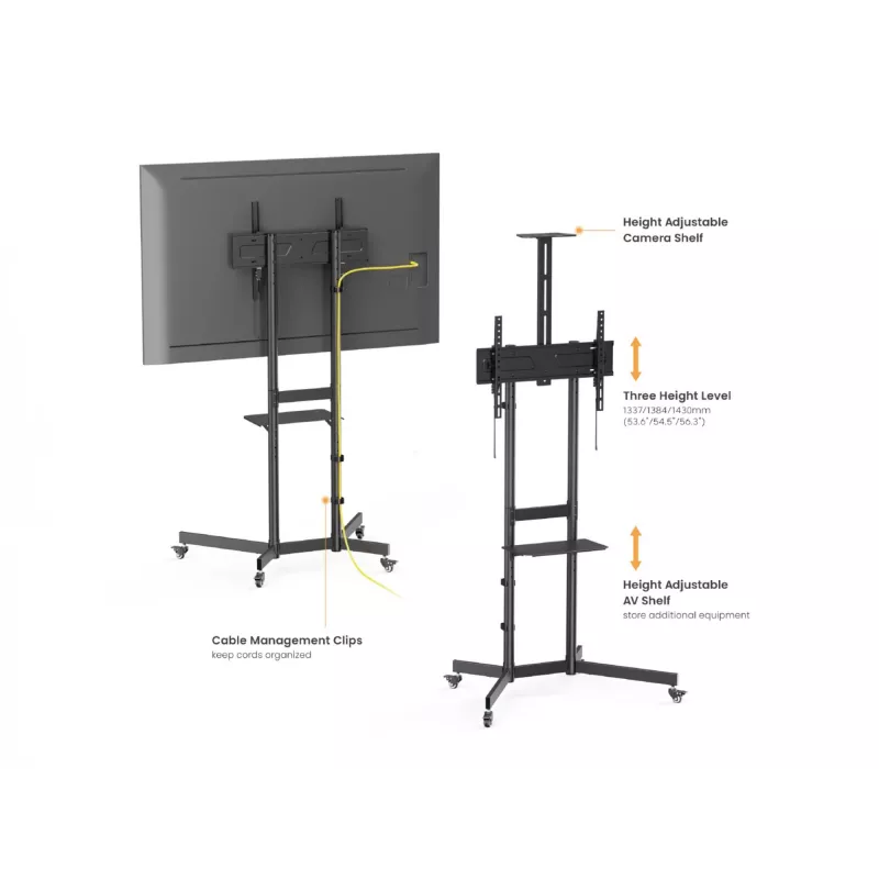 TV-käru EQUIP 37 tolli – 70 tolli Economy 37–70-tollistele ekraanidele, 70 kg kandevõime, VESA 100x100–600x400, kõrgus 1337–1430 mm, kalle -10°–5°, must