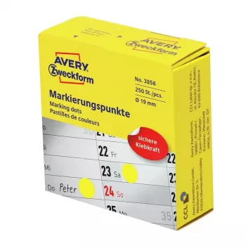 Isekleepuv ümmargune silt Avery Zweckform 3856 — kollane, püsiliim, 1,9 cm, 250 tk