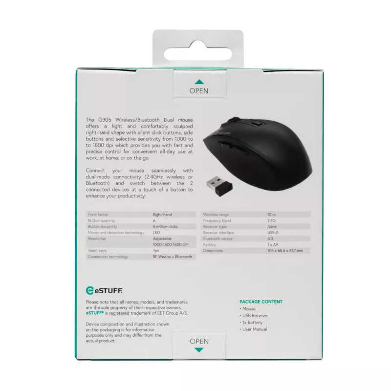 eSTUFF GLB214002 hiir kontor paremakäeline RF-juhtmevaba + Bluetooth IR LED 1800 DPI