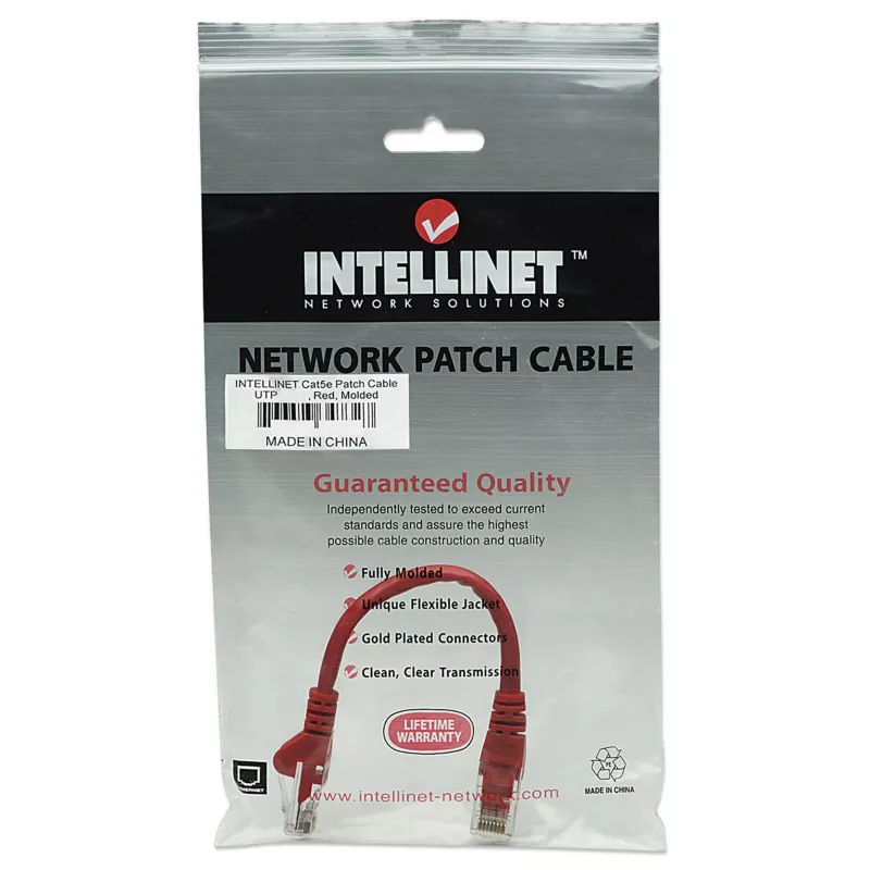 Intellinetti võrguparanduskaabel, Cat5e, 0,5 m, punane, CCA, U/UTP, PVC, RJ45, kullatud kontaktid, takerdumisvastane, kaitsekestaga, eluaegne garantii