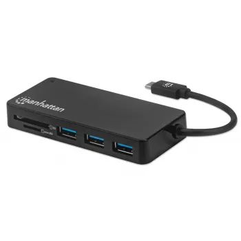 Manhattan USB-C dokk/jaotur kaardilugejaga, pordid (x3): USB-A (x3), 5 Gbps (USB 3.2 Gen1 ehk USB 3.0), välist toiteallikat pole vaja, universaalne kõigile seadmetele, SuperSpeed USB, must, kolmeaastane garantii
