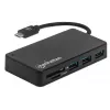 Manhattan USB-C dokk/jaotur kaardilugejaga, pordid (x3): USB-A (x3), 5 Gbps (USB 3.2 Gen1 ehk USB 3.0), välist toiteallikat pole vaja, universaalne kõigile seadmetele, SuperSpeed USB, must, kolmeaastane garantii