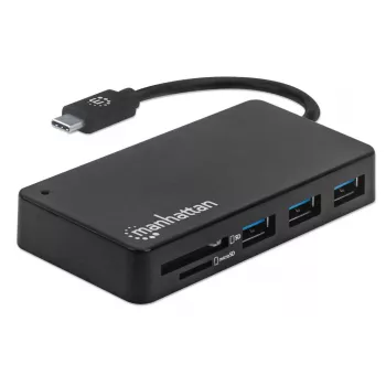 Manhattan USB-C dokk/jaotur kaardilugejaga, pordid (x3): USB-A (x3), 5 Gbps (USB 3.2 Gen1 ehk USB 3.0), välist toiteallikat pole vaja, universaalne kõigile seadmetele, SuperSpeed USB, must, kolmeaastane garantii