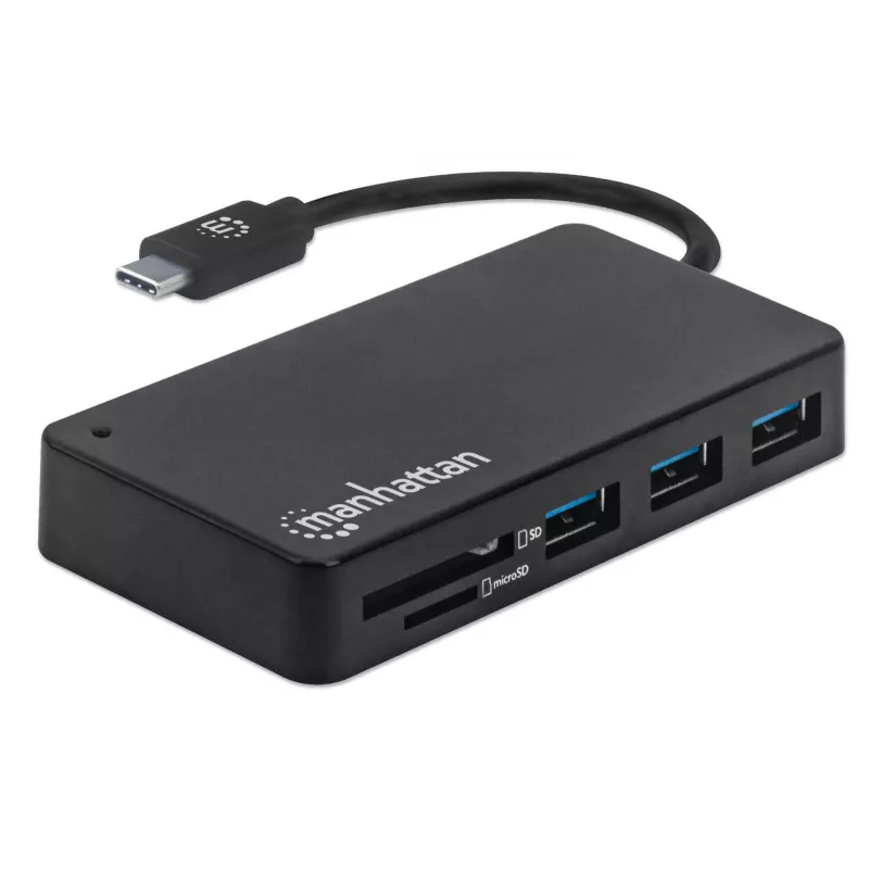 Manhattan USB-C dokk/jaotur kaardilugejaga, pordid (x3): USB-A (x3), 5 Gbps (USB 3.2 Gen1 ehk USB 3.0), välist toiteallikat pole vaja, universaalne kõigile seadmetele, SuperSpeed USB, must, kolmeaastane garantii