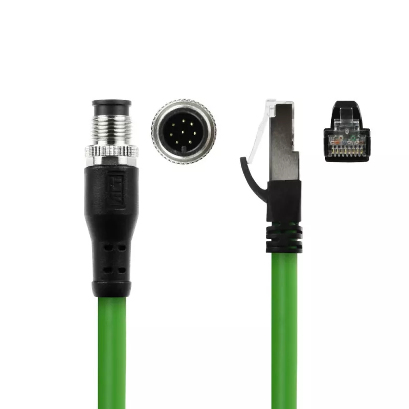 ACT Industrial 3,00 meetri pikkune andurikaabel M12A 8-kontaktiline isane RJ45 isasele, Ultraflex SF/UTP TPE kaabel, varjestatud