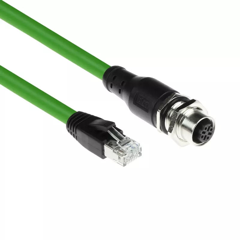 ACT Industrial 5.00 meetrit andurikaabel M12D 4-kontaktiline emane šassii RJ45 isasele, Superflex Xtreme TPE kaabel, varjestatud