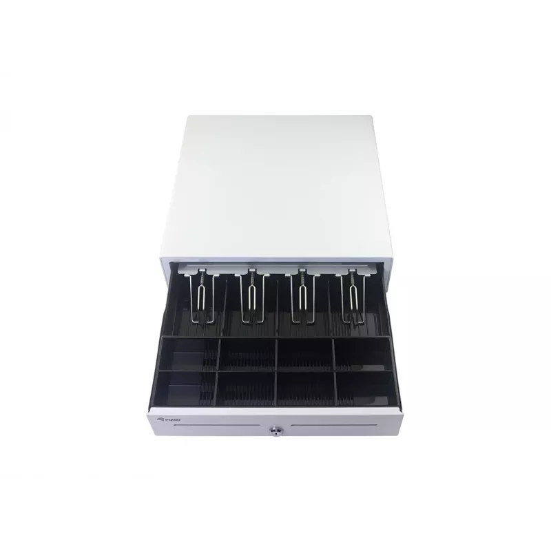 Kassaaparaadi sahtel EQUIP 351011, manuaalne/automaatne POS-sahtel, 4 rahatähtede / 8 mündipesaga, metall, valge, 420×405×110 mm