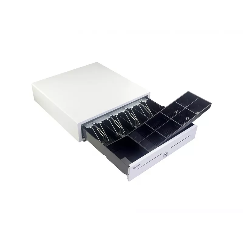 Kassaaparaadi sahtel EQUIP 351011, manuaalne/automaatne POS-sahtel, 4 rahatähtede / 8 mündipesaga, metall, valge, 420×405×110 mm