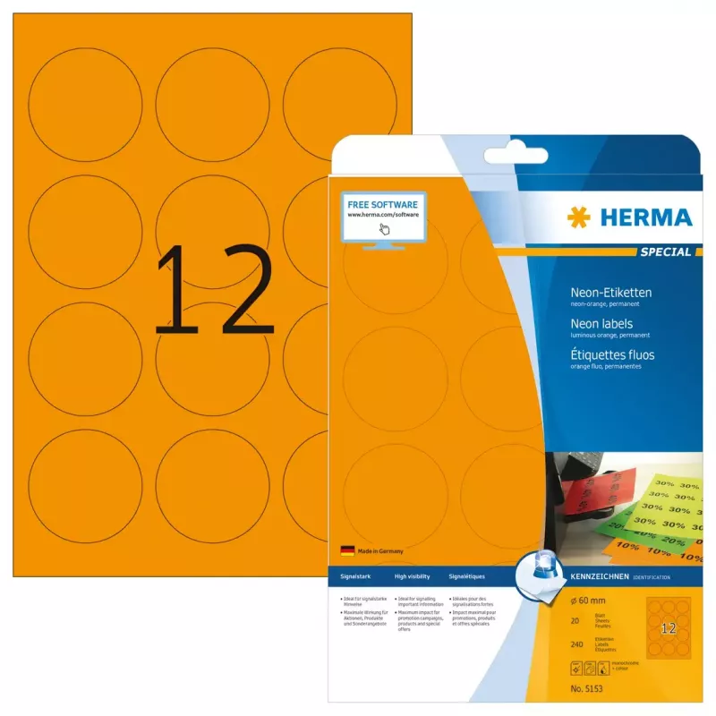 Isekleepuv printerisilt HERMA Neon sildid A4 Ø 60 mm ümmargune helendav oranž
