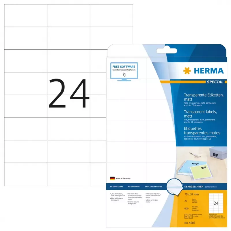 Labels transparent matt A4 HERMA 70x37 mm 600 pcs