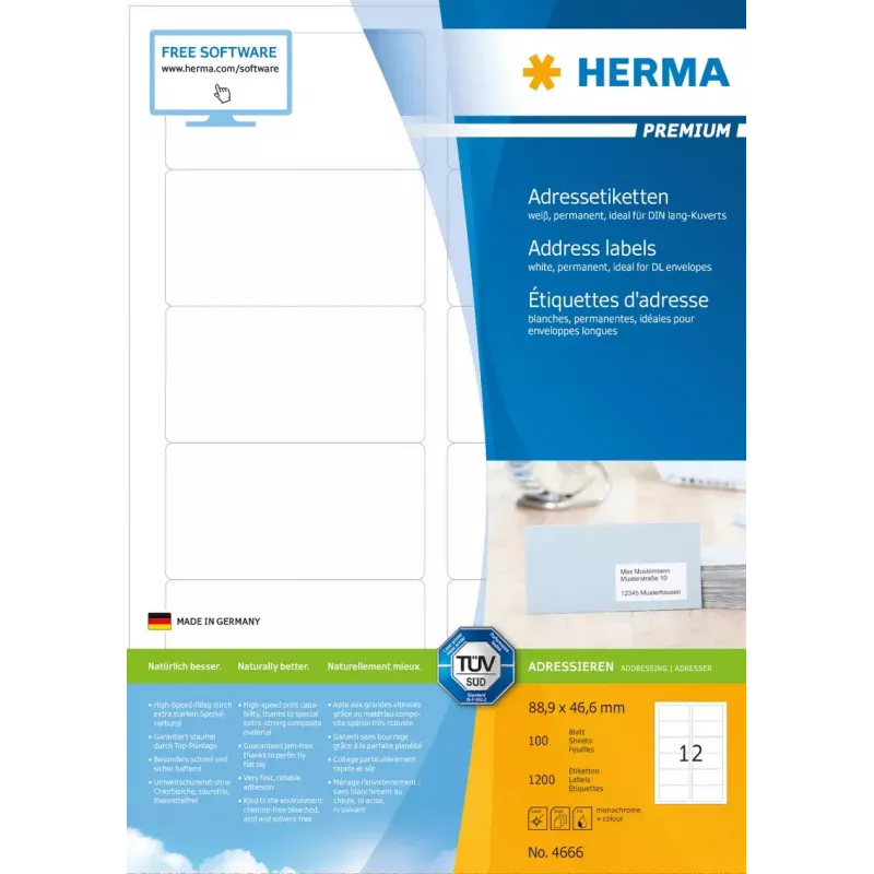 Aadressisildid Premium HERMA A4 88,9x46,6 mm 1200 tk