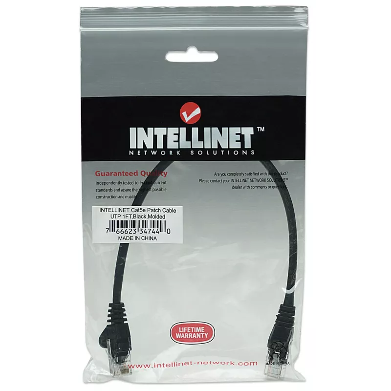 Intellinet võrgukaabel, Cat5e, 0,25 m, must, CCA, U/UTP, PVC, RJ45, kullatud kontaktid, takerdumisvastane, kaitsemuhv, eluaegne garantii