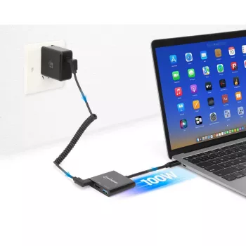 Manhattan USB-C dokk/jaotur, pordid (x3): HDMI, USB-A ja USB-C, toiteedastusega (100 W) USB-C porti (Märkus: vaja on täiendavat USB-C seinelaadijat ja USB-C kaablit), universaalne kõigile seadmetele, kaabel 10 cm, must, kolmeaastane garantii