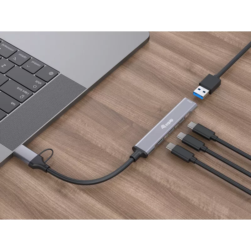 USB 3.2 Gen 1 4-pordiline jaotur EQUIP — 3× USB‑C + 1× USB‑A, 5 Gbit/s, alumiinium, hall