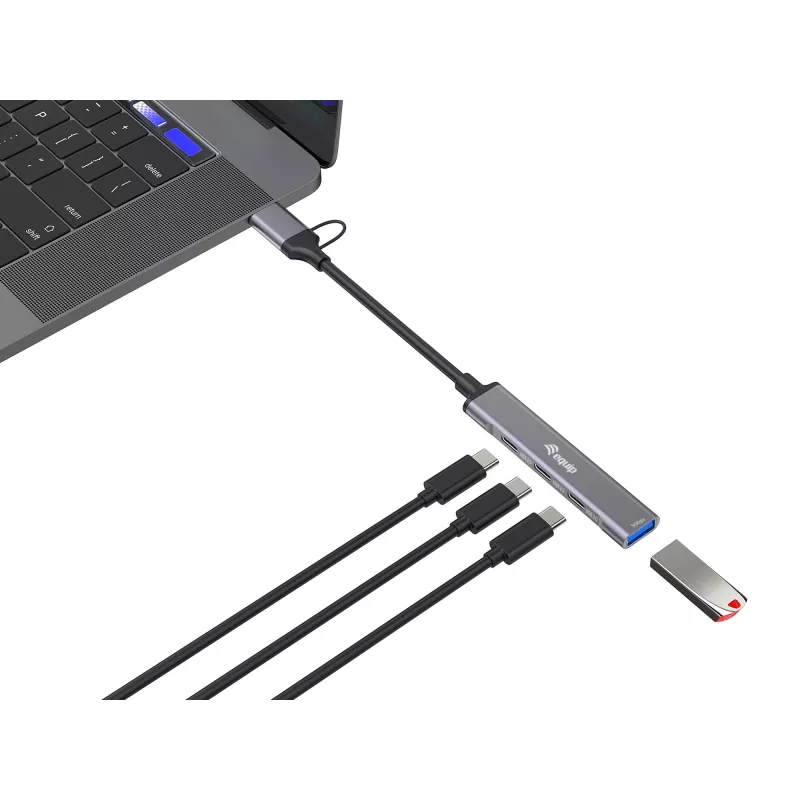 USB 3.2 Gen 1 4-pordiline jaotur EQUIP — 3× USB‑C + 1× USB‑A, 5 Gbit/s, alumiinium, hall