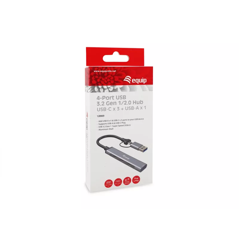 USB 3.2 Gen 1 4-pordiline jaotur EQUIP — 3× USB‑C + 1× USB‑A, 5 Gbit/s, alumiinium, hall