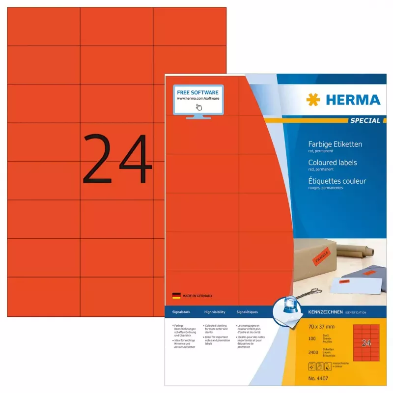 Sildid HERMA Coloured A4 70x37 mm punane paber matt 2400 tk