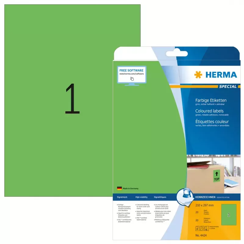 Isekleepuv printerisilt HERMA Coloured Labels A4 210x297 mm roheline paber matt 20 tk