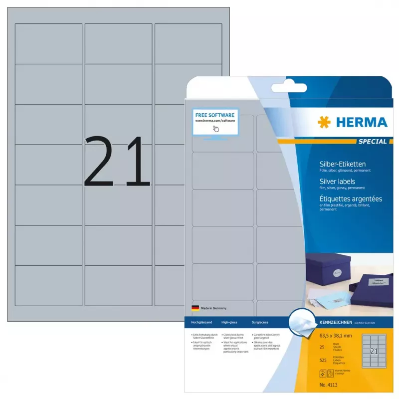 Isekleepuv printerisilt HERMA sildid A4 63,5x38,1 mm hõbedane kile läikiv
