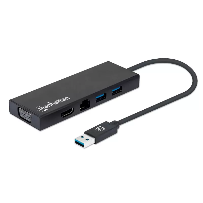 Manhattan USB-A dokk/jaotur, pordid (x5): Ethernet, HDMI, USB-A (x2) ja VGA, Micro-USB toitesisend (valikuline, ainult siis, kui on vaja lisavoolu. Pole vajalik kahe monitori funktsionaalsuse jaoks. Kaabel ei kuulu komplekti), alumiinium, must, kolmeaastane garantii