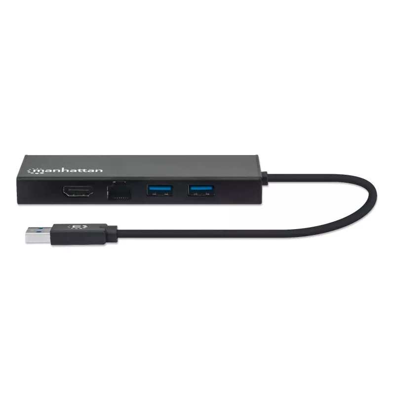 Manhattan USB-A dokk/jaotur, pordid (x5): Ethernet, HDMI, USB-A (x2) ja VGA, Micro-USB toitesisend (valikuline, ainult siis, kui on vaja lisavoolu. Pole vajalik kahe monitori funktsionaalsuse jaoks. Kaabel ei kuulu komplekti), alumiinium, must, kolmeaastane garantii