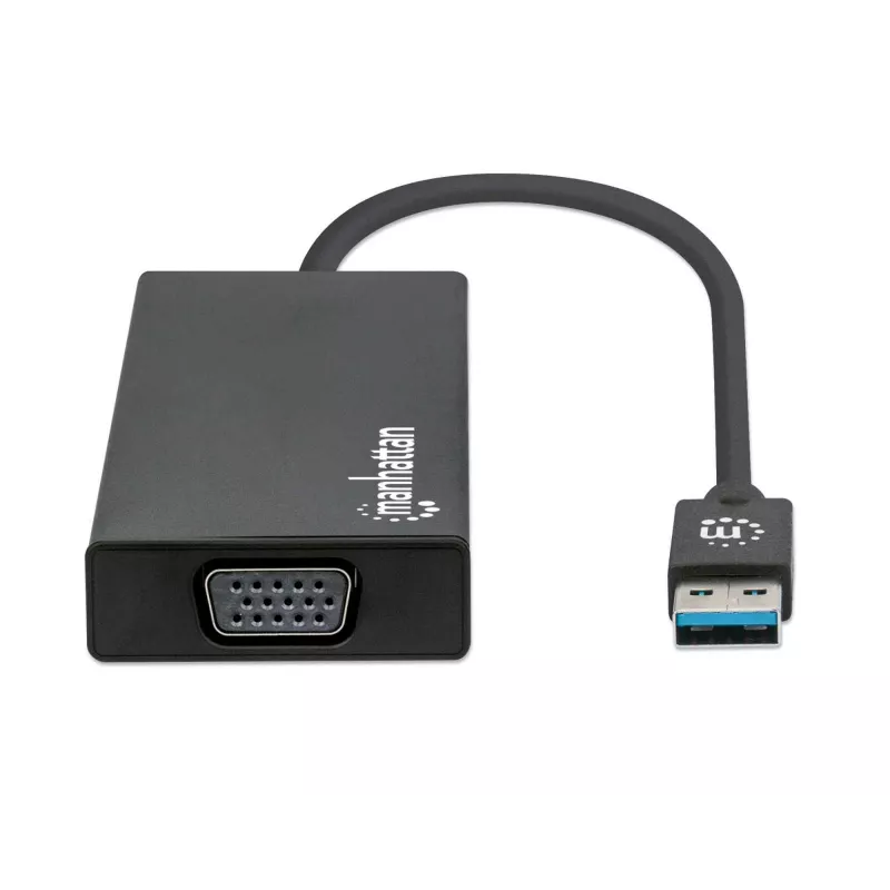 Manhattan USB-A dokk/jaotur, pordid (x5): Ethernet, HDMI, USB-A (x2) ja VGA, Micro-USB toitesisend (valikuline, ainult siis, kui on vaja lisavoolu. Pole vajalik kahe monitori funktsionaalsuse jaoks. Kaabel ei kuulu komplekti), alumiinium, must, kolmeaastane garantii