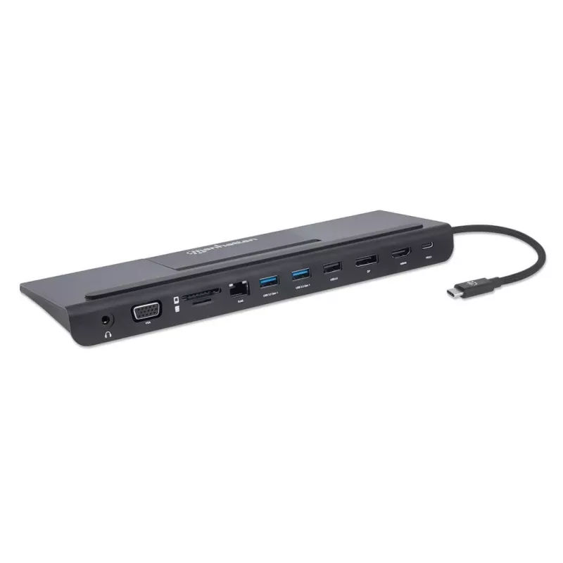 Manhattan USB-C dokk/jaotur kaardilugeja ja MST-ga, pordid (x9): Audio 3.5 mm, DisplayPort, Ethernet, HDMI, USB-A (x3), USB-C ja VGA, toiteedastusega (100 W) USB-C porti (märkus: vajalik USB-C seinakruvilaadija ja USB-C-kaabel), kõiki porte saab kasutada korraga
