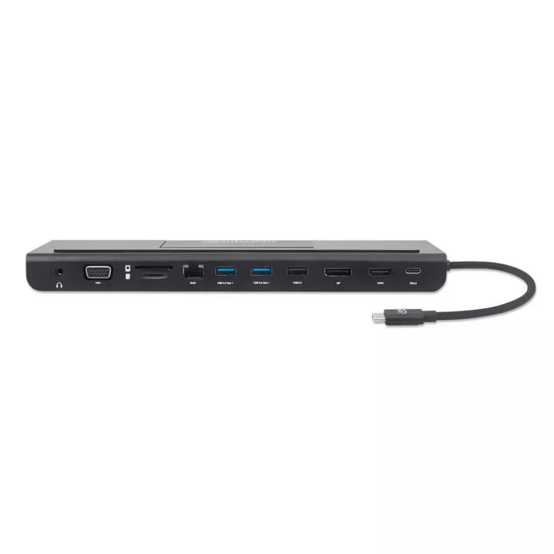 Manhattan USB-C dokk/jaotur kaardilugeja ja MST-ga, pordid (x9): Audio 3.5 mm, DisplayPort, Ethernet, HDMI, USB-A (x3), USB-C ja VGA, toiteedastusega (100 W) USB-C porti (märkus: vajalik USB-C seinakruvilaadija ja USB-C-kaabel), kõiki porte saab kasutada korraga