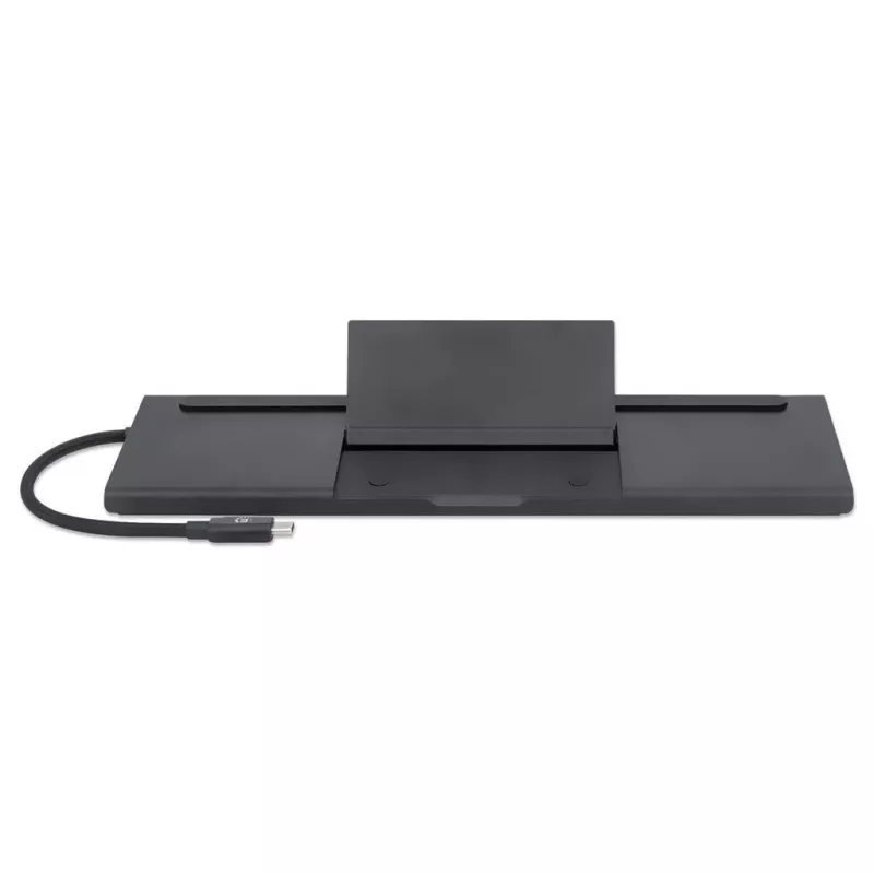 Manhattan USB-C dokk/jaotur kaardilugeja ja MST-ga, pordid (x9): Audio 3.5 mm, DisplayPort, Ethernet, HDMI, USB-A (x3), USB-C ja VGA, toiteedastusega (100 W) USB-C porti (märkus: vajalik USB-C seinakruvilaadija ja USB-C-kaabel), kõiki porte saab kasutada korraga