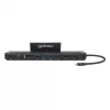 Manhattan USB-C dokk/jaotur kaardilugeja ja MST-ga, pordid (x9): Audio 3.5 mm, DisplayPort, Ethernet, HDMI, USB-A (x3), USB-C ja VGA, toiteedastusega (100 W) USB-C porti (märkus: vajalik USB-C seinakruvilaadija ja USB-C-kaabel), kõiki porte saab kasutada korraga
