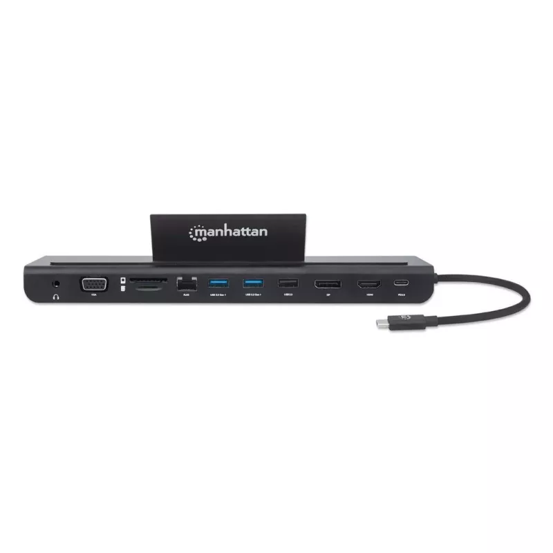 Manhattan USB-C dokk/jaotur kaardilugeja ja MST-ga, pordid (x9): Audio 3.5 mm, DisplayPort, Ethernet, HDMI, USB-A (x3), USB-C ja VGA, toiteedastusega (100 W) USB-C porti (märkus: vajalik USB-C seinakruvilaadija ja USB-C-kaabel), kõiki porte saab kasutada korraga
