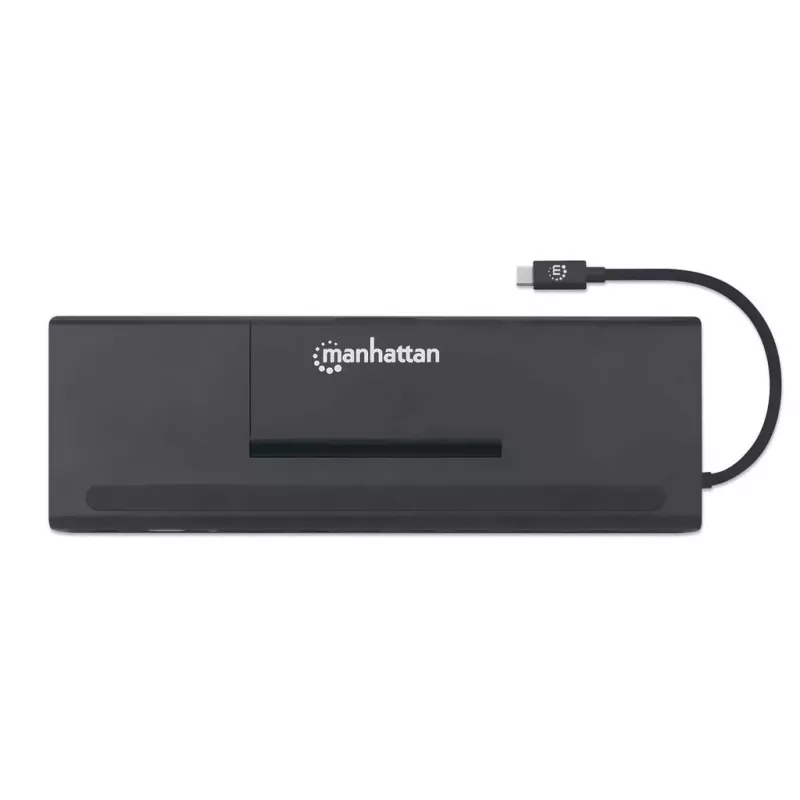 Manhattan USB-C dokk/jaotur kaardilugeja ja MST-ga, pordid (x9): Audio 3.5 mm, DisplayPort, Ethernet, HDMI, USB-A (x3), USB-C ja VGA, toiteedastusega (100 W) USB-C porti (märkus: vajalik USB-C seinakruvilaadija ja USB-C-kaabel), kõiki porte saab kasutada korraga