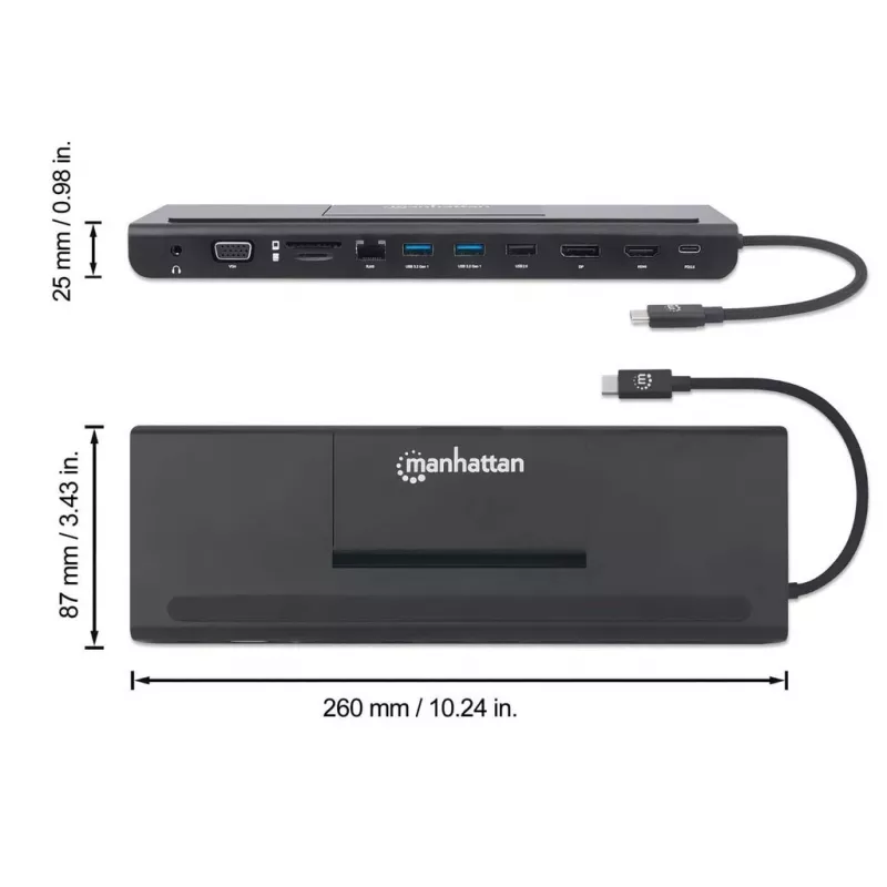 Manhattan USB-C dokk/jaotur kaardilugeja ja MST-ga, pordid (x9): Audio 3.5 mm, DisplayPort, Ethernet, HDMI, USB-A (x3), USB-C ja VGA, toiteedastusega (100 W) USB-C porti (märkus: vajalik USB-C seinakruvilaadija ja USB-C-kaabel), kõiki porte saab kasutada korraga