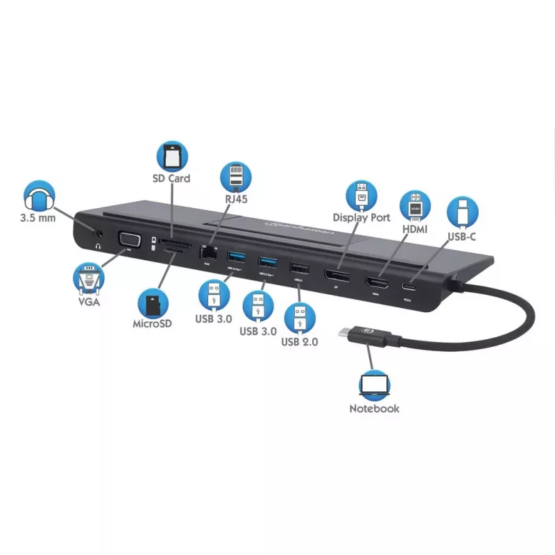 Manhattan USB-C dokk/jaotur kaardilugeja ja MST-ga, pordid (x9): Audio 3.5 mm, DisplayPort, Ethernet, HDMI, USB-A (x3), USB-C ja VGA, toiteedastusega (100 W) USB-C porti (märkus: vajalik USB-C seinakruvilaadija ja USB-C-kaabel), kõiki porte saab kasutada korraga