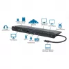 Manhattan USB-C dokk/jaotur kaardilugeja ja MST-ga, pordid (x9): Audio 3.5 mm, DisplayPort, Ethernet, HDMI, USB-A (x3), USB-C ja VGA, toiteedastusega (100 W) USB-C porti (märkus: vajalik USB-C seinakruvilaadija ja USB-C-kaabel), kõiki porte saab kasutada korraga