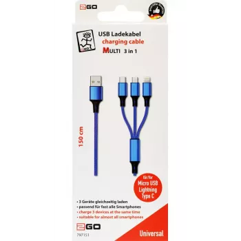 USB-kaabel 2GO 797151 1,5 m USB B USB C/Micro-USB B/Lightning must sinine