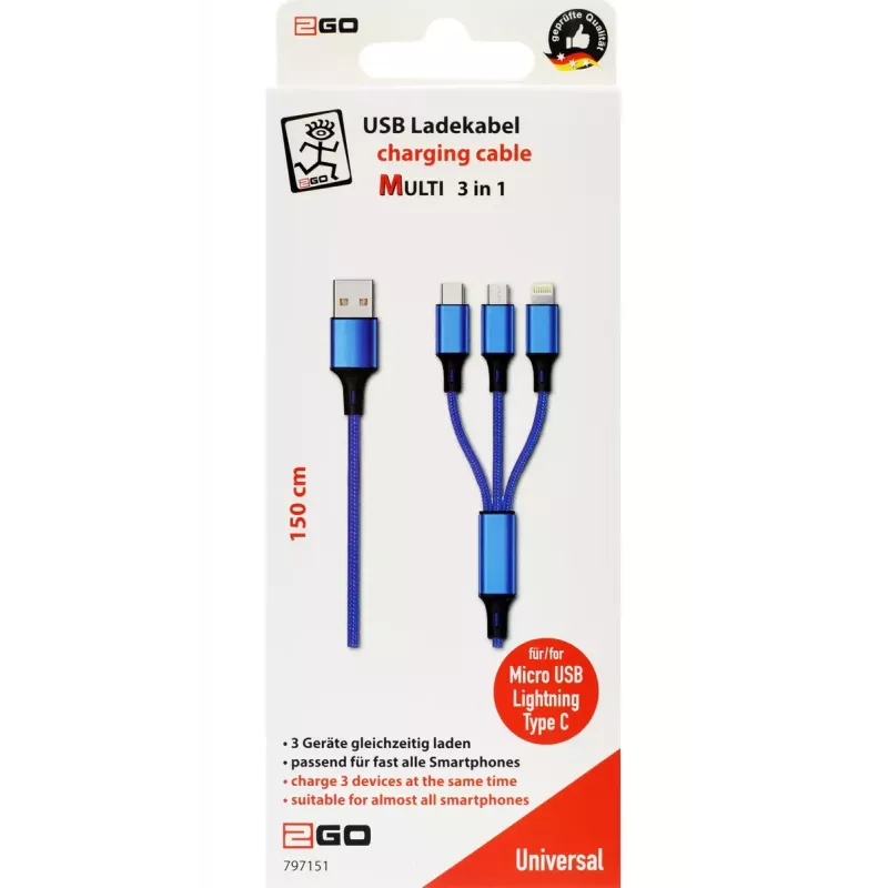USB-kaabel 2GO 797151 1,5 m USB B USB C/Micro-USB B/Lightning must sinine