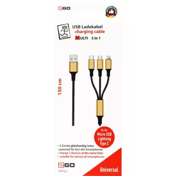 USB-kaabel 2GO 797152 3 m USB B USB C / Micro-USB B / Lightning Must Kuldne