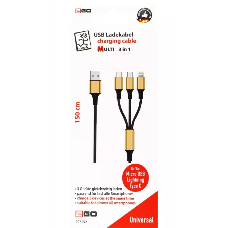 USB-kaabel 2GO 797152 3 m USB B USB C / Micro-USB B / Lightning Must Kuldne