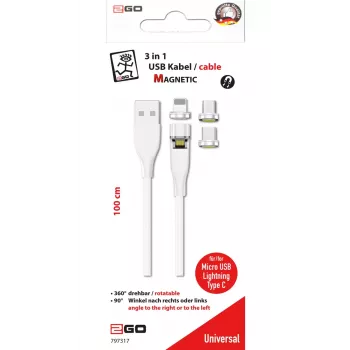 USB-kaabel 2GO 797317 1m USB B USB C/Micro-USB B/Lightning Valge