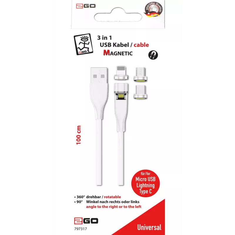 USB-kaabel 2GO 797317 1m USB B USB C/Micro-USB B/Lightning Valge