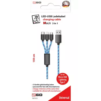 USB-kaabel 2GO 797315 1,5 m USB B USB C/Micro-USB B/Lightning Must Sinine