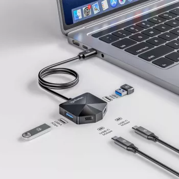 Manhattan USB-C ja USB-A kombodokk/jaotur, pordid (4): USB-A (x2) ja USB-C (x2), 5 Gbps (USB 3.2 Gen1 ehk USB 3.0), nurga all pesad lihtsaks ligipääsuks, USB-toitega (välist toiteallikat pole vaja)
