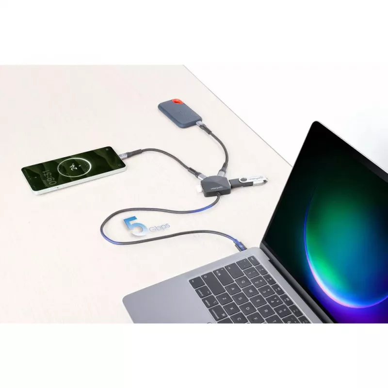 Manhattan USB-C ja USB-A kombodokk/jaotur, pordid (4): USB-A (x2) ja USB-C (x2), 5 Gbps (USB 3.2 Gen1 ehk USB 3.0), nurga all pesad lihtsaks ligipääsuks, USB-toitega (välist toiteallikat pole vaja)