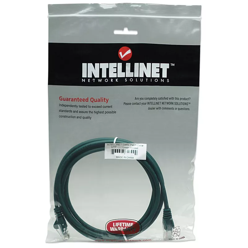Intellinet võrguparanduskaabel, Cat5e, 7,5 m, roheline, CCA, U/UTP, PVC, RJ45, kullatud kontaktid, haakumisvastane, kaitsmega, eluaegne garantii