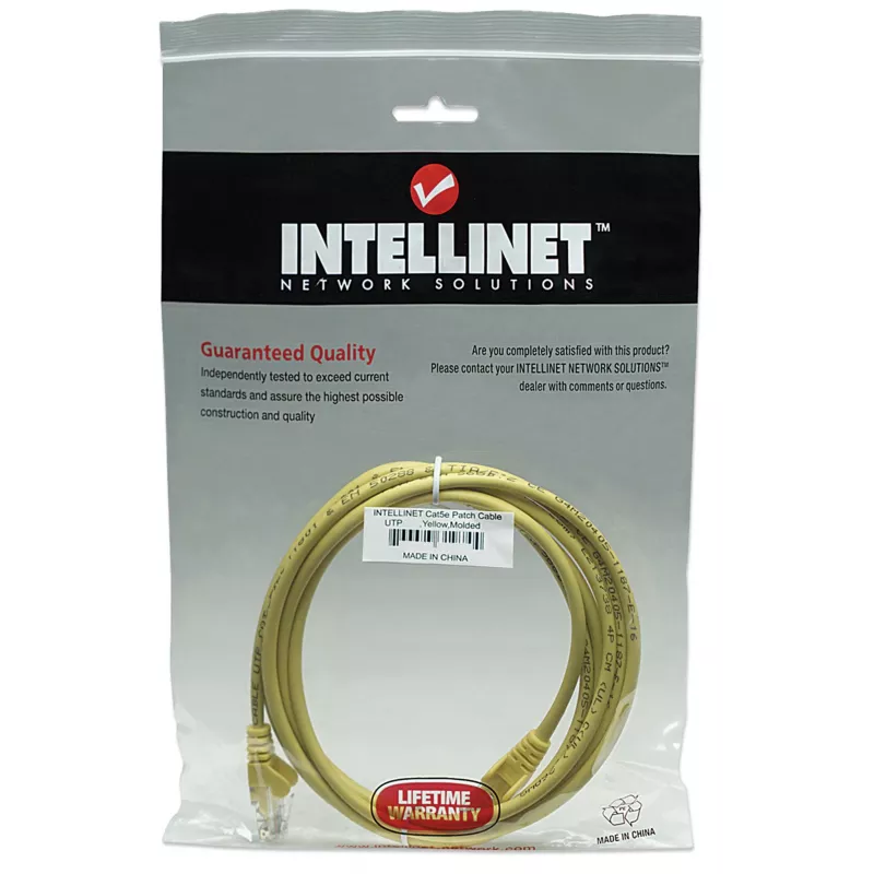 Intellinet võrgukaabel, Cat5e, 7,5 m, kollane, CCA, U/UTP, PVC, RJ45, kullatud kontaktid, takerdumisvastane, kaitsemuhviga, eluaegne garantii