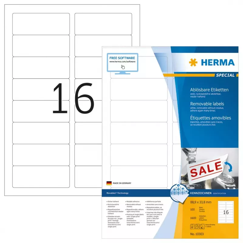 Eemaldatavad sildid HERMA 10303 A4 88,9x33,8 mm valge