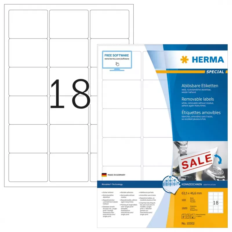 Eemaldatavad sildid HERMA A4 63,5x46,6 mm 1800 tk